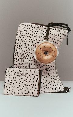 Kate Spade polka dot tote bag with matching wallet and donut-shaped bag charm.
