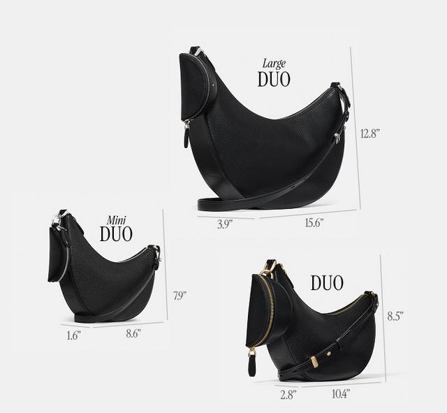 Three black handbags are displayed against a white background, labeled Mini Duo, Duo, and Large Duo, each with dimensions, showcasing varying sizes.