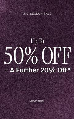 Mid-season sale promotional banner advertising up to 50% off plus a further 20% off with shop now link.