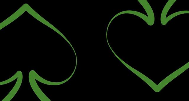 Green line art depicts a spade on the left and a heart on the right against a black background, conveying a modern and minimalist design.