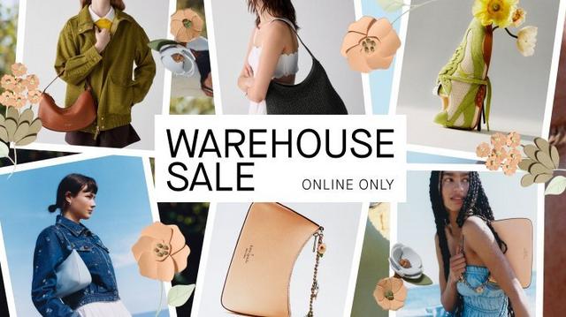 Warehouse Sale banner featuring models wearing jackets and carrying handbags with floral accents.