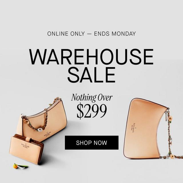 Kate Spade shoulder bags and wallets in beige leather displayed for warehouse sale promotion.