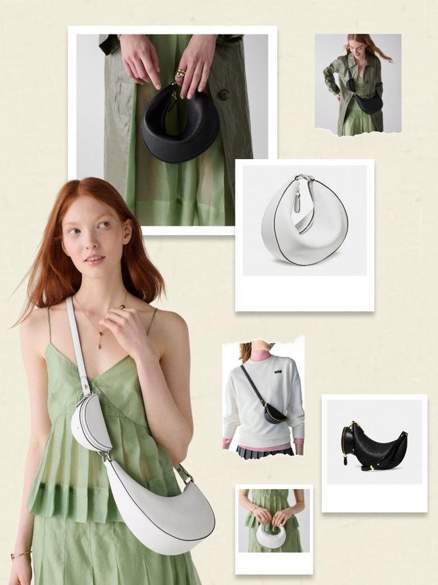 a collage of a woman holding a duo crossbody