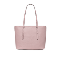 Mauve pink leather tote bag with dual shoulder straps and structured silhouette.