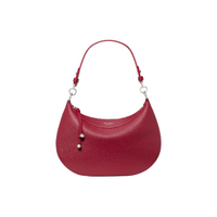 Red leather hobo shoulder bag with curved silhouette and single handle with silver hardware.