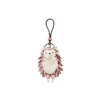 Plush hedgehog keychain with cream face and pink spiky body attached to gray cord loop.