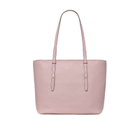 Pink leather tote bag with dual shoulder straps and minimalist design.