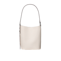 Beige leather bucket bag with single shoulder strap and minimalist design.
