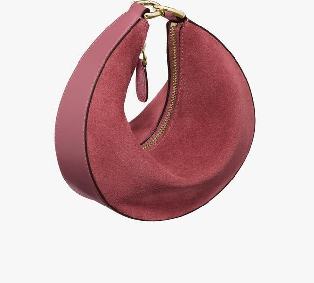 Dusty rose hobo bag with gold-tone zipper and matching shoulder strap.