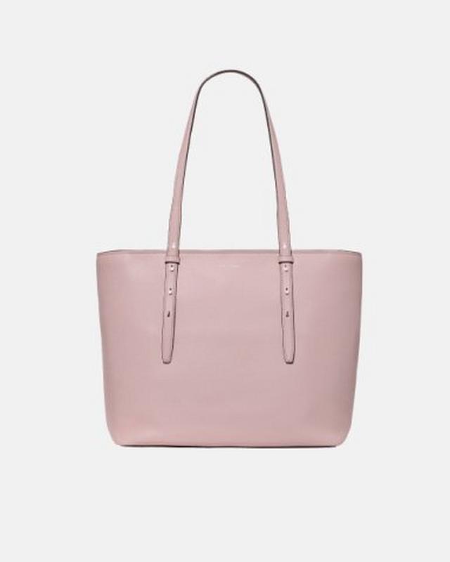 Pink leather tote bag with dual shoulder straps and silver hardware.