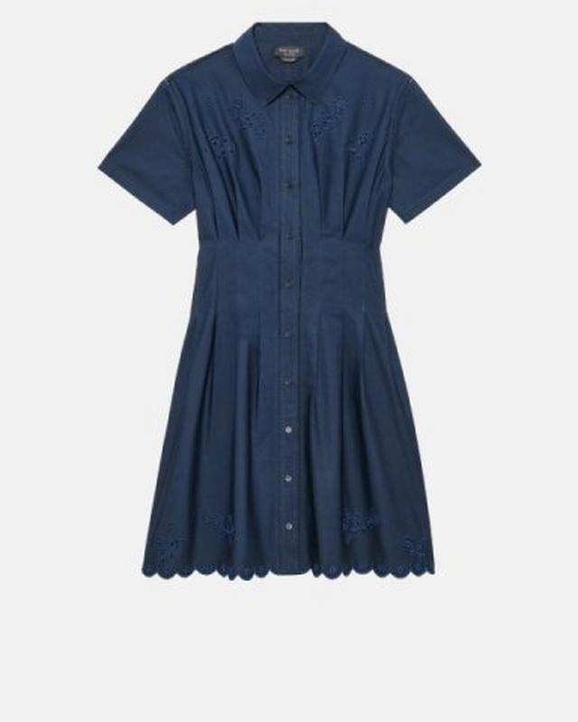 Navy blue short-sleeve shirt dress with embroidered details and scalloped hem.