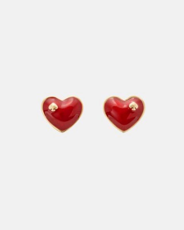 Red enamel heart-shaped stud earrings with gold-tone trim and posts.