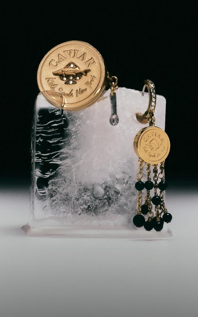 Gold CAVIAR coin medallion earrings with crystals and black beaded fringe displayed on ice block.