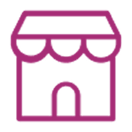 A simple line icon of a storefront with an awning and arched door.