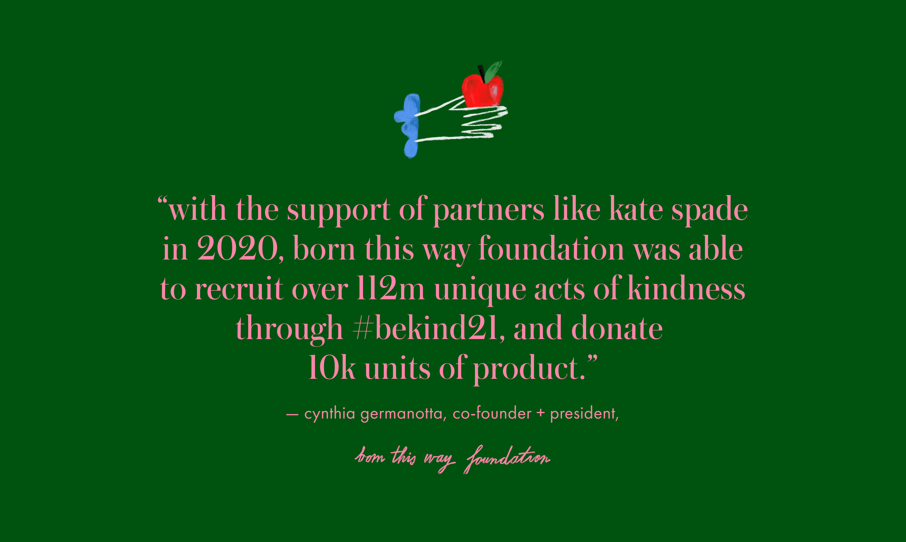 with the support of partners like kate spade in 2020, born this way
												foundation was able to
												recruit over 112m unique acts of kindness through #bekind21, and donate
												10k units of product.
												— cynthia germanotta, co-founder + president,