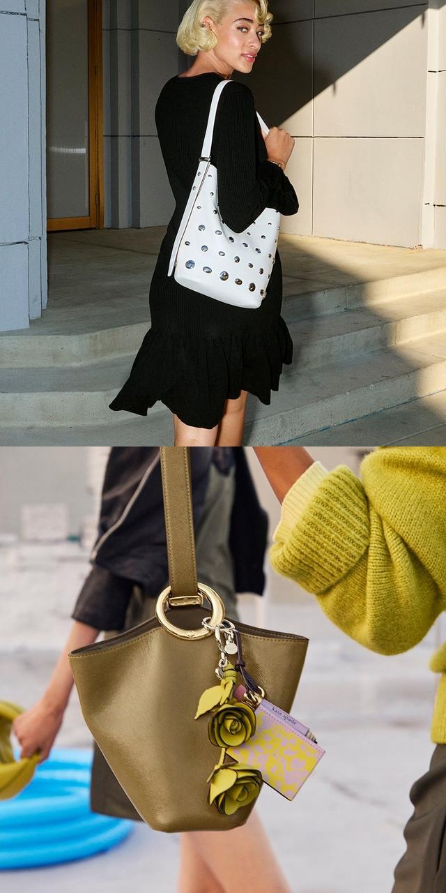 Woman in white dress on balcony wearing the Kate Spade Duo Bag in Lime Slice