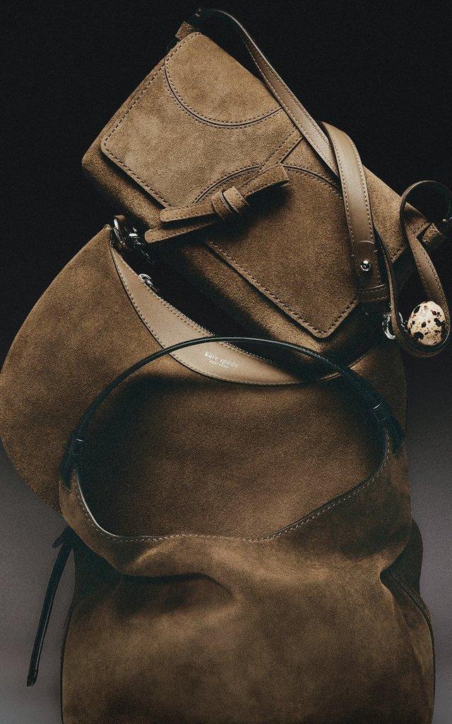Tan suede hobo bag with leather straps and gold hardware displayed with a wallet and accessories.