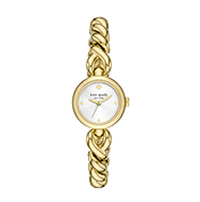 Kate Spade gold-tone braided watch with white dial and small round face.