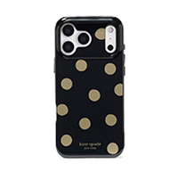 Kate Spade phone case in black with gold polka dots, designed for iPhone with exposed camera lenses.