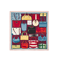 Colorful grid display of miniature designer handbags and accessories in various styles including totes, clutches, and shoulder bags.