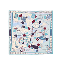 Silk scarf with illustrated Paris-themed motifs including the Eiffel Tower, wine bottles, berets, and French items on a white background with blue border.