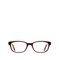 Red rectangular eyeglasses with clear lenses shown from the front.