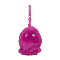 Pink fuzzy pom-pom bag charm with googly eyes and a clip attachment.