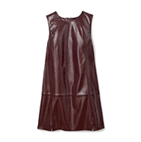 Sleeveless burgundy faux leather shift dress with A-line silhouette and pleated hem detail.