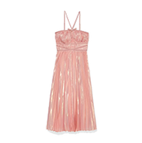 Pink pleated midi dress with thin straps and embellished bodice detail.