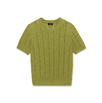 Olive green cable knit short-sleeve sweater with ribbed texture.