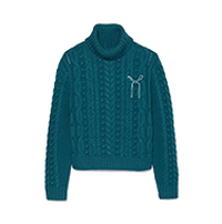 Teal cable-knit turtleneck sweater with zipper detail on chest pocket.