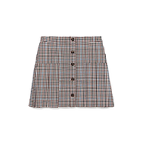 Plaid mini skirt with button-front closure in brown, black, and white houndstooth pattern.