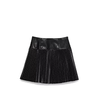 Black pleated mini skirt with faux leather waistband and panel details.