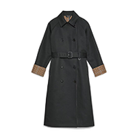 Dark gray double-breasted trench coat with belted waist and contrasting tan cuffs.