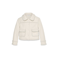 Cream-colored cropped jacket with rounded collar and front pockets on white background.