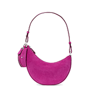 Bright pink crescent-shaped shoulder bag with a single strap and decorative tassel charm.