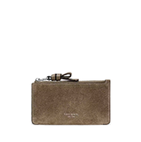 Brown suede leather zip-top card holder with metal zipper closure.