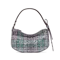 Plaid hobo bag with sequin embellishment and single shoulder strap.