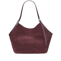 Burgundy leather shoulder bag with curved silhouette and single shoulder strap with gold-tone hardware.