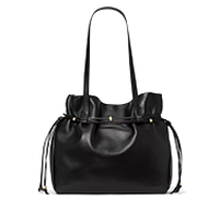 Black drawstring shoulder bag with gathered sides and dual handles.