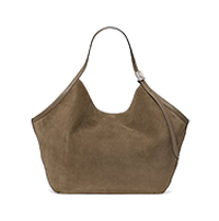Taupe suede hobo bag with curved top handle and slouchy, rounded silhouette.