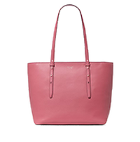 Pink leather tote bag with dual shoulder straps and top zip closure.