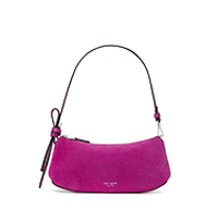 Small purple shoulder bag with curved shape, single handle, and side tassel detail.