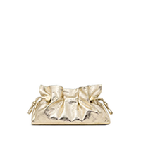 Gold metallic ruched clutch with gathered detailing and top closure.