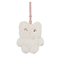White fluffy cloud-shaped plush keychain with embroidered face and pink strap.