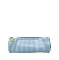 Light blue striped pencil case with gold zipper closure.