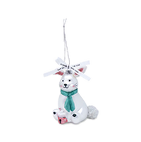 White dog ornament wearing a teal sweater and pink bow, designed to hang as a Christmas decoration.
