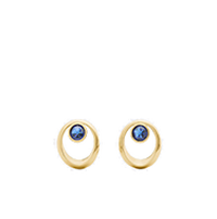Gold circular stud earrings with blue gemstone centers.