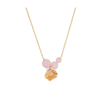 Delicate gold chain necklace featuring pink and orange flower-shaped pendants clustered together.