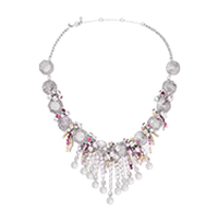 Ornate silver-toned statement necklace with pink and clear crystal embellishments and dangling teardrop chains.
